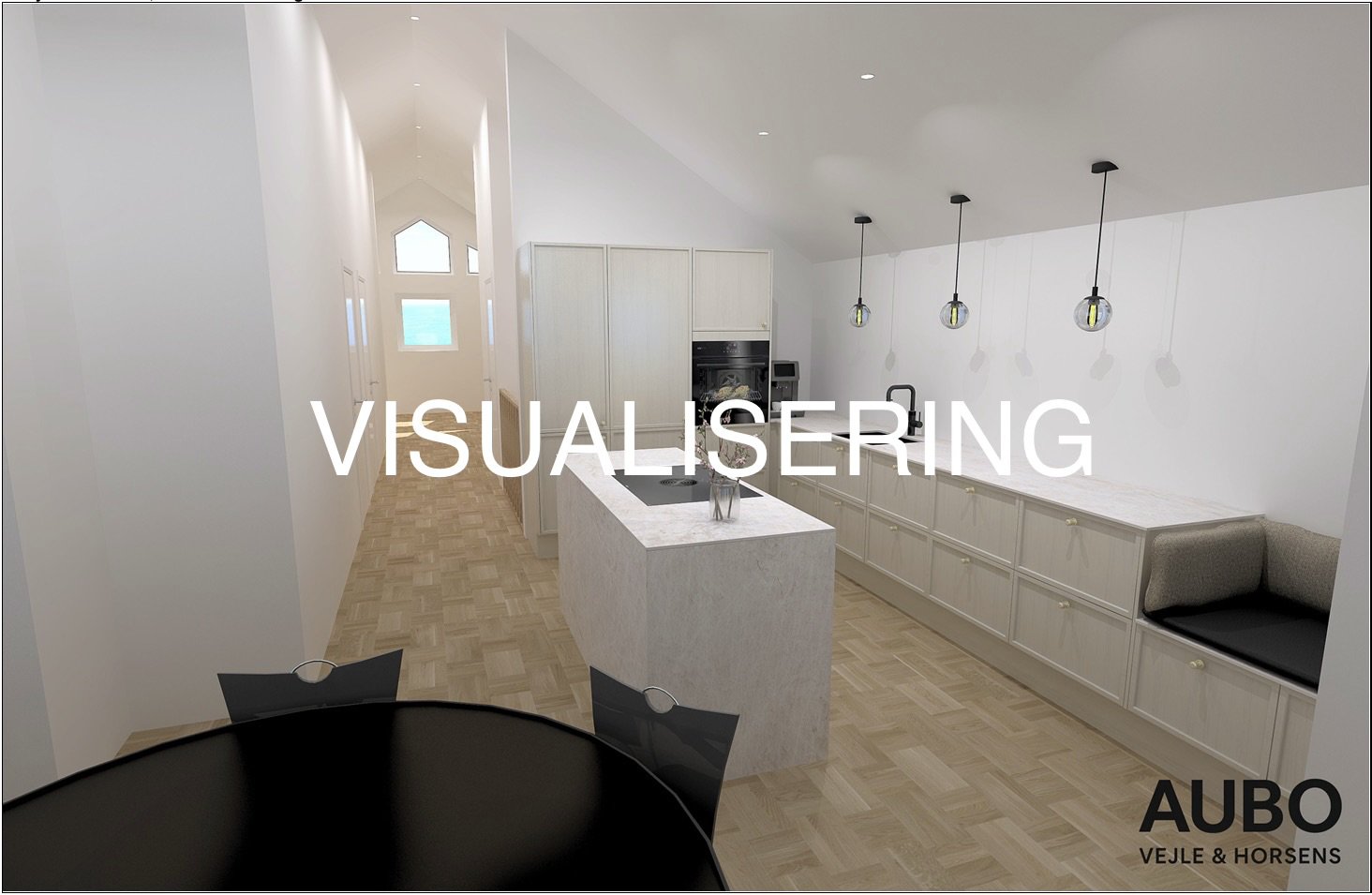 Fremhævet køkken visualisering billede i fuldskærmstilstand. Billede af Alleen 25, 8660 Skanderborg